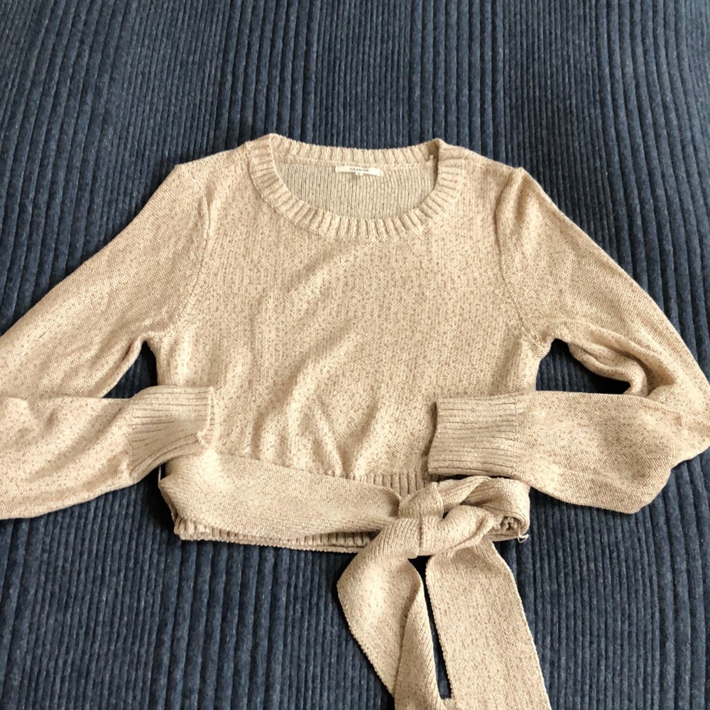 Tularosa light knit sweater crop top with tie at waist.